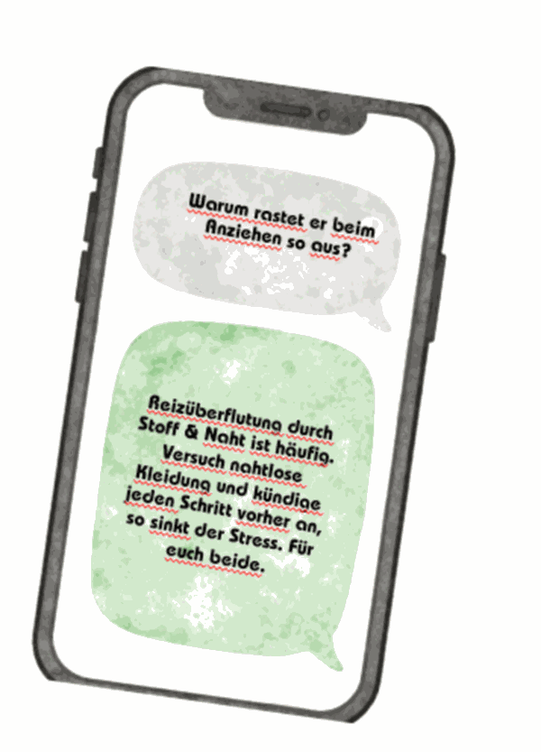 Chat-Beispiel: Warum rastet er beim Anziehen so aus? Antwort: Reizüberflutung durch Stoff und Naht ist häufig.